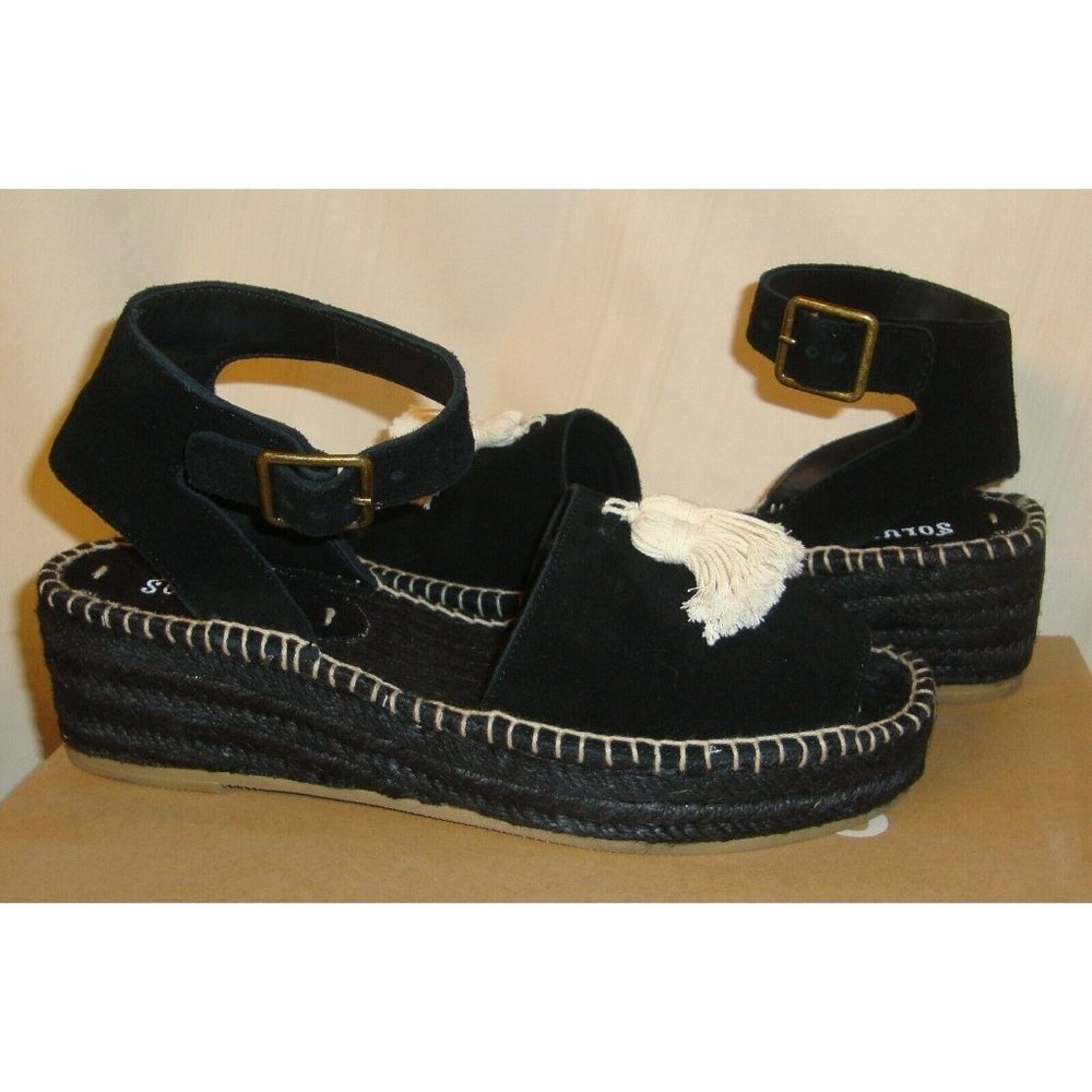Soludos Black PEEP Toe Platform Split Suede Leather Wedge Sandal Women US 8 NEW